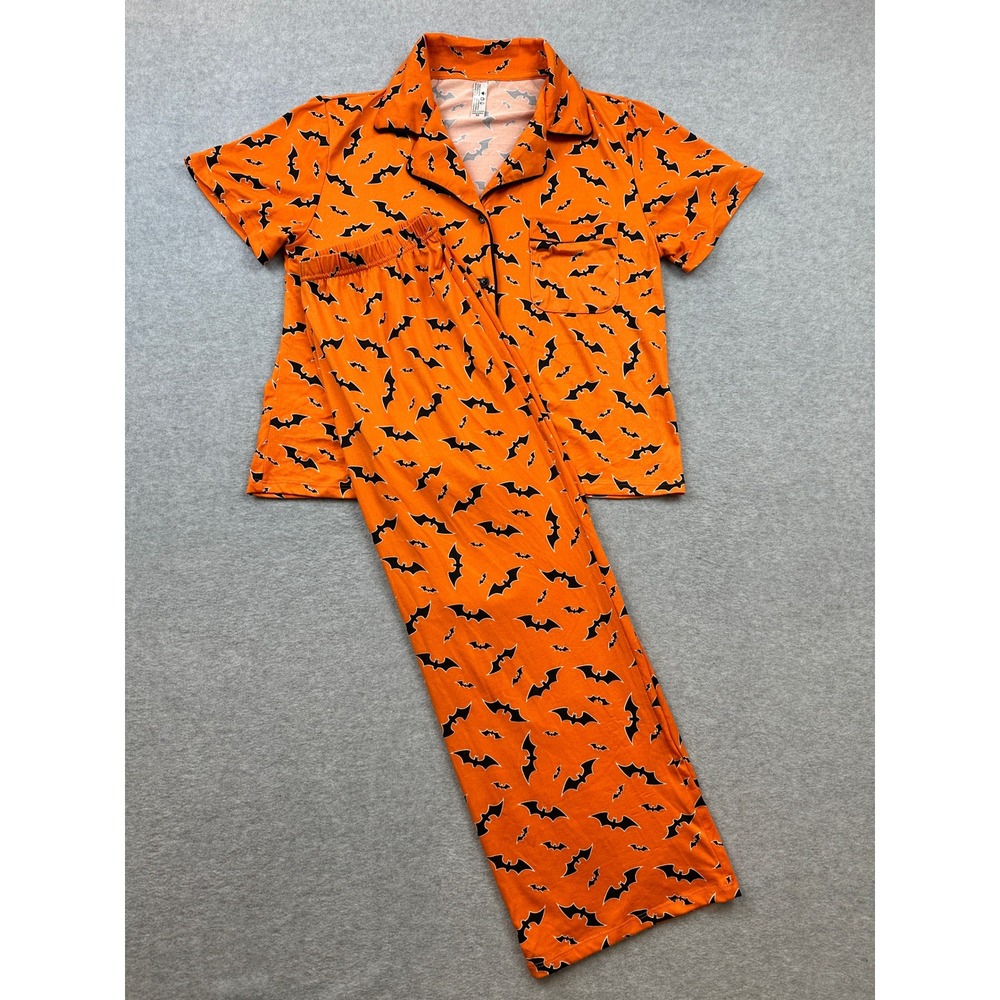 Orange Bat Print Halloween Pajama Set Button Down Top & Pants Medium